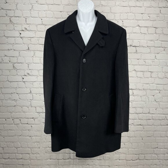 Calvin Klein Black Wool Cashmere 3 Button Overcoat Collar Pockets Lined Size 42L - Picture 1 of 9